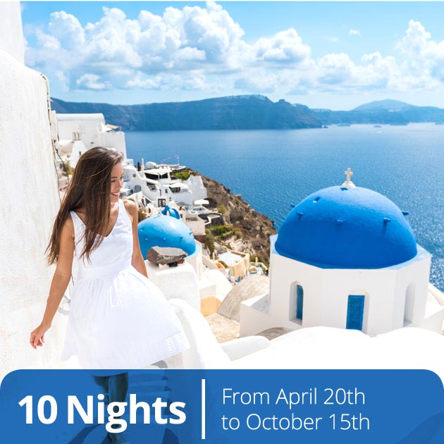 Young Woman in Santorini - Aegean Elegance Package with Travelive, Luxury Vacation Packages